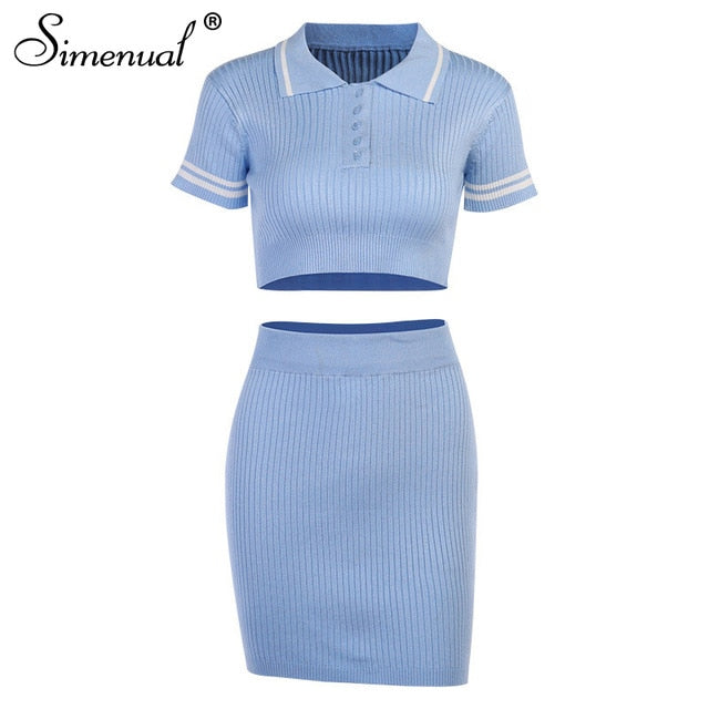 Simenual Knitting Ribbed Fashion Women Two Piece Sets Short Sleeve Casual Bodycon Outfits Button Crop Top And Skirt Co-ord Set