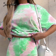 Load image into Gallery viewer, Simplee Casual outfits women&#39;s two piece suits Tie dye printing backsuits T-shirt suit Sports style bicycles shorts set 2020 NEW
