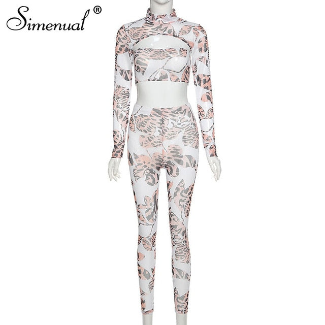 Simenual Leopard Mesh Sexy Hot 3 Piece Sets Women Party Club Long Sleeve Bodycon Outfits Transparent Top And Pants Matching Set