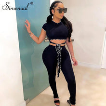 Load image into Gallery viewer, Simenual Bandage Bodycon Ribbed Women 2 Piece Sets Short Sleeve Ruffles Fashion Club Party Outfits Slim Top And Pants Co-ord Set
