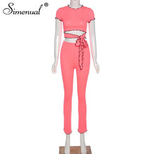 Load image into Gallery viewer, Simenual Bandage Bodycon Ribbed Women 2 Piece Sets Short Sleeve Ruffles Fashion Club Party Outfits Slim Top And Pants Co-ord Set
