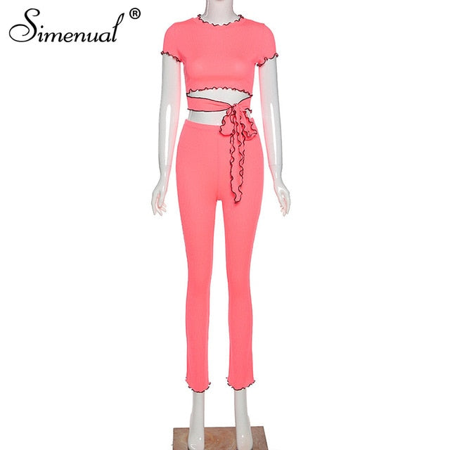 Simenual Bandage Bodycon Ribbed Women 2 Piece Sets Short Sleeve Ruffles Fashion Club Party Outfits Slim Top And Pants Co-ord Set