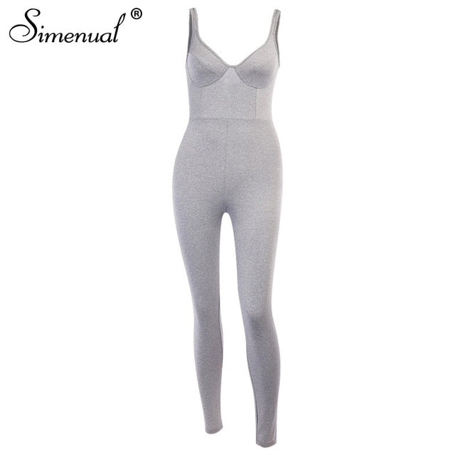 Simenual V Neck Strap Fitness Grey Rompers Womens Jumpsuit Sleeveless Fashion Workout Active Wear Casual Solid Bodycon Jumpsuits