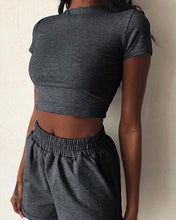 Load image into Gallery viewer, Women's 2-Piece Outfit Set Cozy Sport Fitness Set Solid Color Round Neck Crop Short Sleeve Top Short High Waist Pants Set
