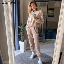 Load image into Gallery viewer, WOTWOY Casual Stacked Two Piece Set Women Tops and Pants Outfits 2020 Autumn Women Solid Tracksuit Sweatpants Set Women Pullover
