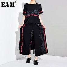 Load image into Gallery viewer, [EAM] Wide Leg Pants Striped Two Piece Suit New Round Neck Short Sleeve Black Loose Fit Women Fashion Spring Autumn 2020 JW5910
