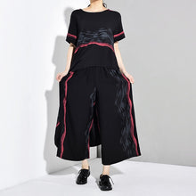 Load image into Gallery viewer, [EAM] Wide Leg Pants Striped Two Piece Suit New Round Neck Short Sleeve Black Loose Fit Women Fashion Spring Autumn 2020 JW5910
