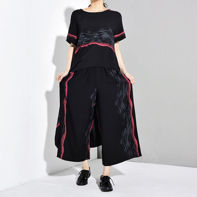 [EAM] Wide Leg Pants Striped Two Piece Suit New Round Neck Short Sleeve Black Loose Fit Women Fashion Spring Autumn 2020 JW5910