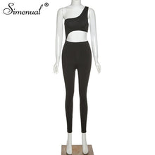Load image into Gallery viewer, Simenual Sportswear Hollow Out Bodycon Rompers Womens Jumpsuit One Shoulder Sleeveless Casual Fitness Jumpsuits Fashion Solid
