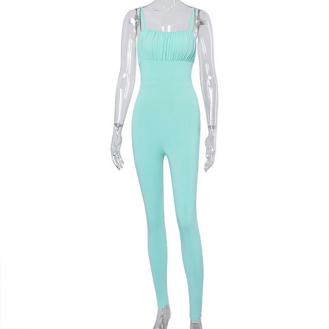 Hugcitar 2020 sleeveless ruched backless bandage sexy bodycon jumpsuit summer women fashion streetwear jumper