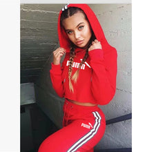 Load image into Gallery viewer, Tracksuit 2 pieces women set hoodies crop top sweatshirt + side stripe pants hooded 2 piece sets women clothing suits female
