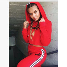 Load image into Gallery viewer, Tracksuit 2 pieces women set hoodies crop top sweatshirt + side stripe pants hooded 2 piece sets women clothing suits female
