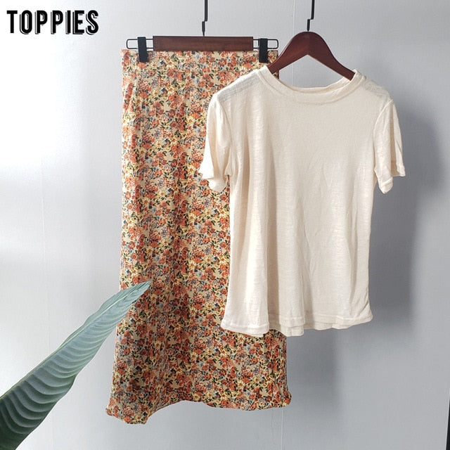 toppies 2020 fashion two piece sets summer set cotton linen tops tees floral printing midi skirts