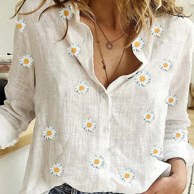 Women Daisies Print Shirts White Long Sleeve Button V-Neck Loose Female Tops 2020 Summer Casual Ladies Shirt Oversized 5XL