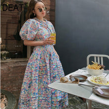 Load image into Gallery viewer, DEAT 2020 stand collar ruffles half length lantern sleeves flower printed top and wide waist A-line skirt two pieces 7A078
