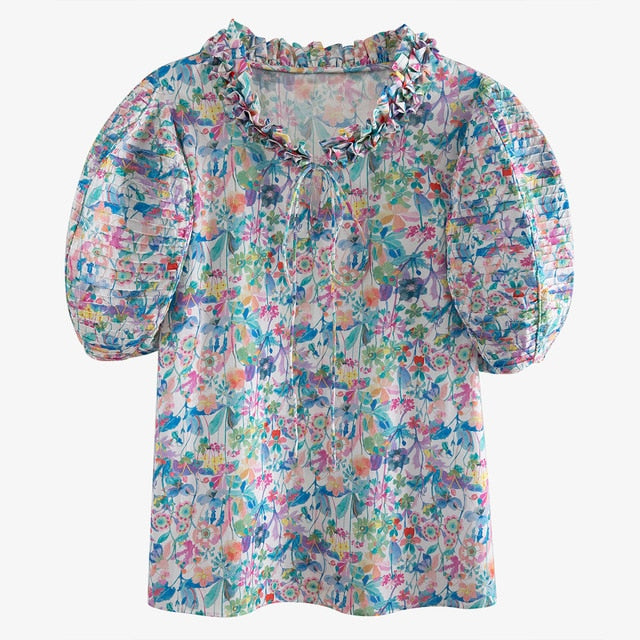 DEAT 2020 stand collar ruffles half length lantern sleeves flower printed top and wide waist A-line skirt two pieces 7A078