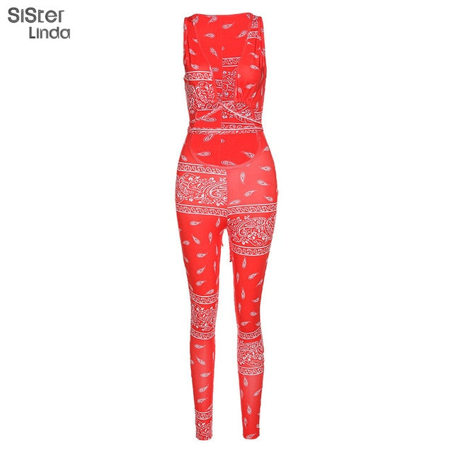 Sisterlind Sexy Cross Bandage Hollow Out Print Rompers Womens Jumpsuit Sleeveless Skinny Bodycon Sexy Hot Club Jumpsuits Fashion