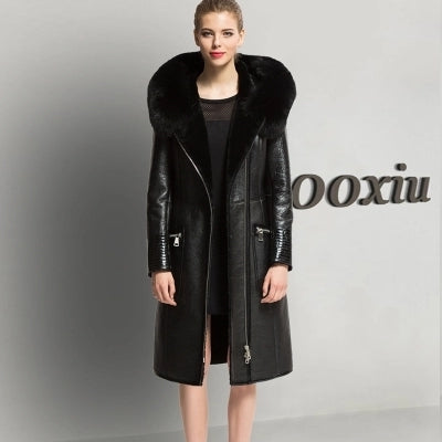 Shearli Real Natural Winter Sheepskin Leather Coat Women Black Genuine Fox Fur Collar Russian Suede Coats Plus Size 6XL 7XL s