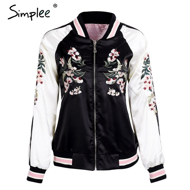 Simplee Reversible embroidery satin jacket coat sukajan Autumn winter 2017 flower basic jackets women Casual baseball jackets