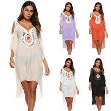 Load image into Gallery viewer, 2018 Women Crochet Vintage Blouse V-neck Hollow Out Shoulder Shirts Beach Bikini Cover Up Irregular Loose Summer Dress Free Size
