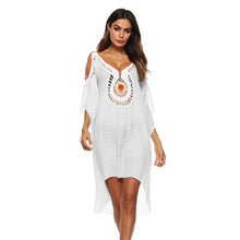 Load image into Gallery viewer, 2018 Women Crochet Vintage Blouse V-neck Hollow Out Shoulder Shirts Beach Bikini Cover Up Irregular Loose Summer Dress Free Size
