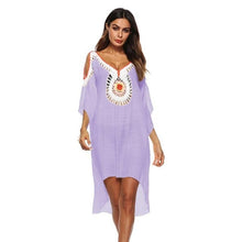 Load image into Gallery viewer, 2018 Women Crochet Vintage Blouse V-neck Hollow Out Shoulder Shirts Beach Bikini Cover Up Irregular Loose Summer Dress Free Size
