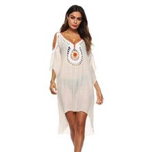 Load image into Gallery viewer, 2018 Women Crochet Vintage Blouse V-neck Hollow Out Shoulder Shirts Beach Bikini Cover Up Irregular Loose Summer Dress Free Size
