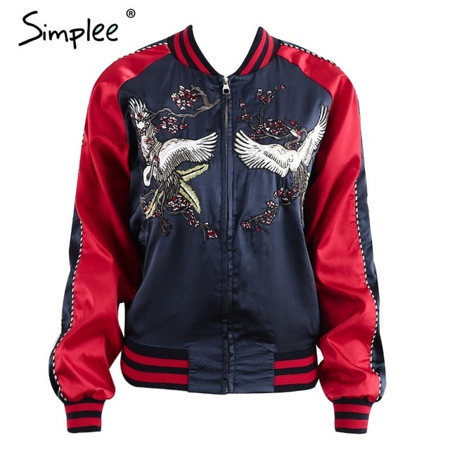 Simplee Embroidery streetwear jacket coat Cool satin basic jacket women Autumn winter casual baseball jackets
