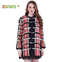 Load image into Gallery viewer, ZDFURS * 2017 New real hand made knitted rex rabbit fur  coat winter fur outerwear long style grid fur coat  jacket ZDKR-165021
