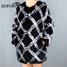Load image into Gallery viewer, ZDFURS * 2017 New real hand made knitted rex rabbit fur  coat winter fur outerwear long style grid fur coat  jacket ZDKR-165021
