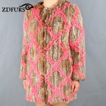Load image into Gallery viewer, ZDFURS * 2017 New real hand made knitted rex rabbit fur  coat winter fur outerwear long style grid fur coat  jacket ZDKR-165021
