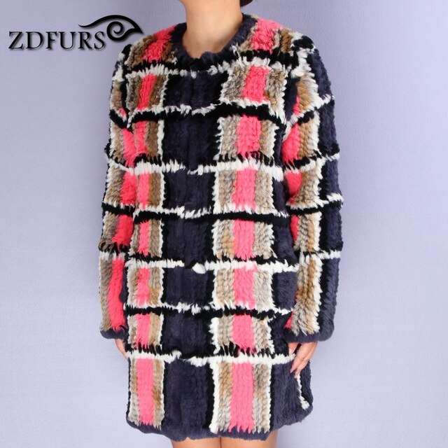 ZDFURS * 2017 New real hand made knitted rex rabbit fur  coat winter fur outerwear long style grid fur coat  jacket ZDKR-165021