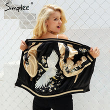 Load image into Gallery viewer, Simplee Vintage embroidery basic jacket coat Autumn 2018 street satin bomber jacket Women reversible baseball jackets sukajan
