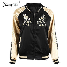 Load image into Gallery viewer, Simplee Vintage embroidery basic jacket coat Autumn 2018 street satin bomber jacket Women reversible baseball jackets sukajan

