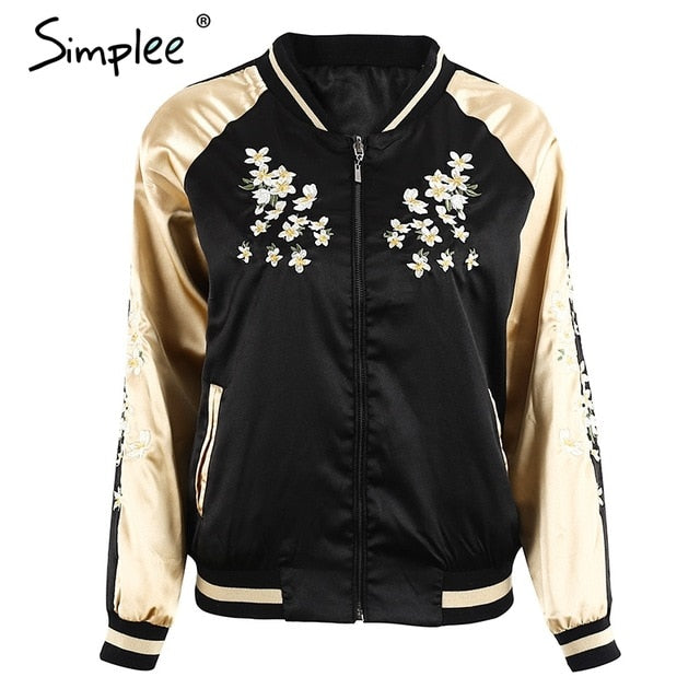 Simplee Vintage embroidery basic jacket coat Autumn 2018 street satin bomber jacket Women reversible baseball jackets sukajan