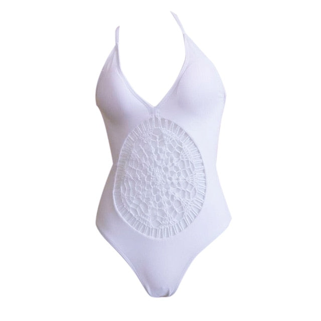 2019 Bikini Set Women One Piece Hollow Out Backless Crochet Thong Monokini Swimwear Solid Black /White Beachwear