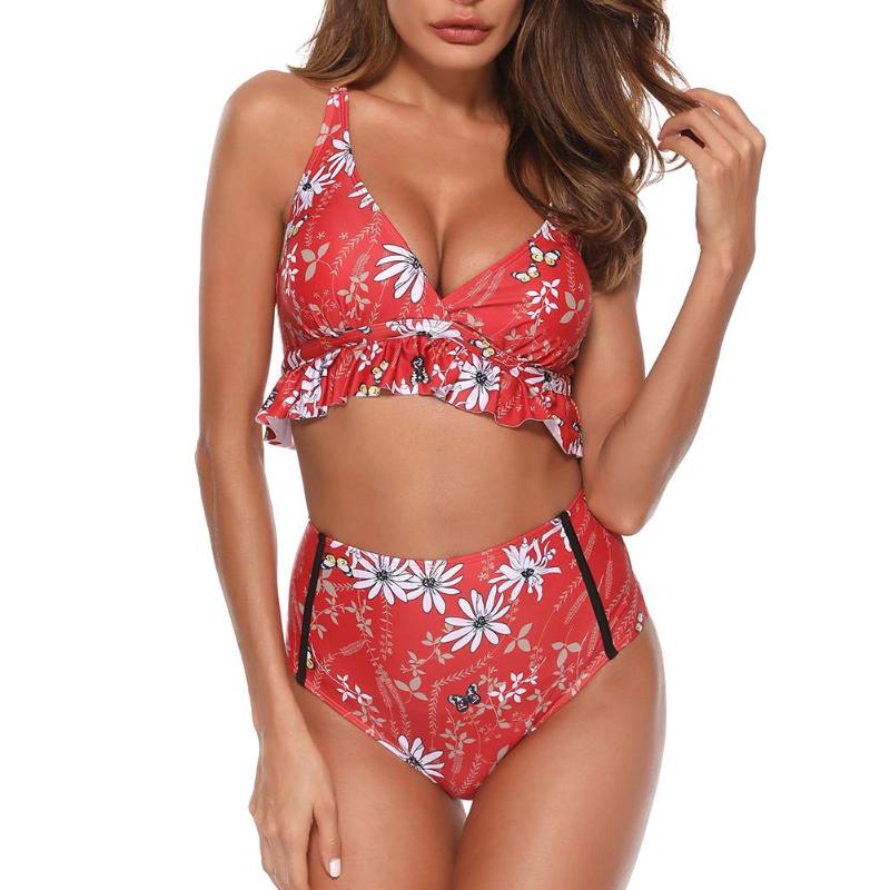 New 2019 Bikinis Set Ruffle Swimwear Women Sexy Halter Swimsuits Print Padded Bathing Suits Summer Push Up Beachwear