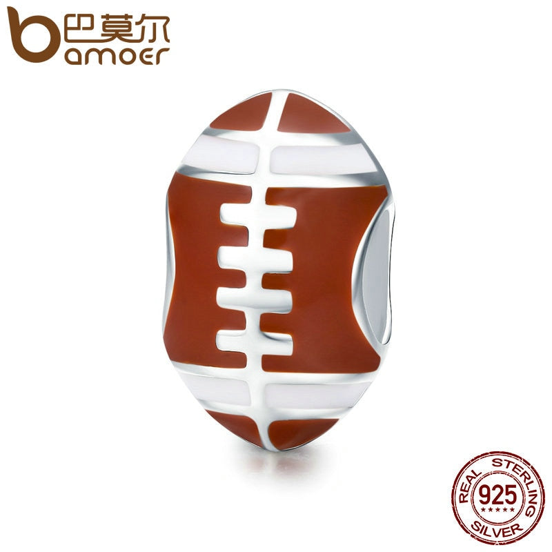 BAMOER Sport Collection 100% 925 Sterling Silver American Football Sport Ball Charm Beads Fit Charm Bracelet DIY Jewelry SCC442