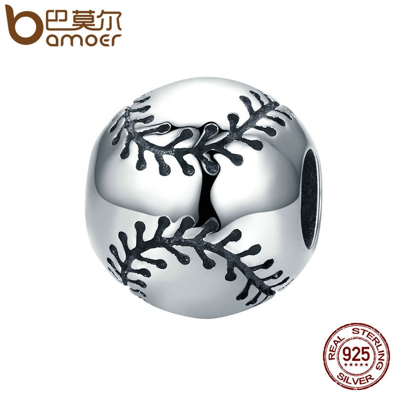 BAMOER Sport Collection Real 925 Sterling Silver Sport Baseball Round Ball Beads Fit Charm Bracelet DIY Jewelry S925 SCC449