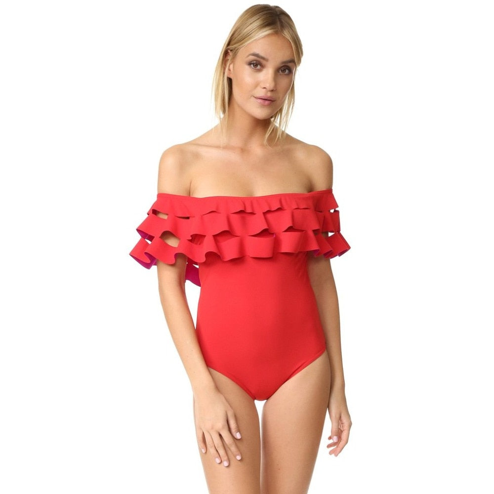 Sexy Female Hollow Out Lotus Sleeve Bikini Solid Color Swim Wear Women Bathing Suit Swimsuit Beachwear Swimwear Women