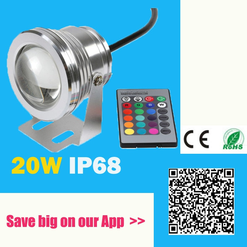 16 Colors 20W 12V RGB LED Underwater Fountain Light 1000LM Swimming Pool Pond Fish Tank Aquarium LED Light Lamp IP68 Waterproof
